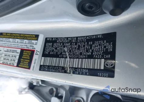 2012 Toyota Camry z USA, uszkodzony, nr VIN 4T1BFAFK5CU138941